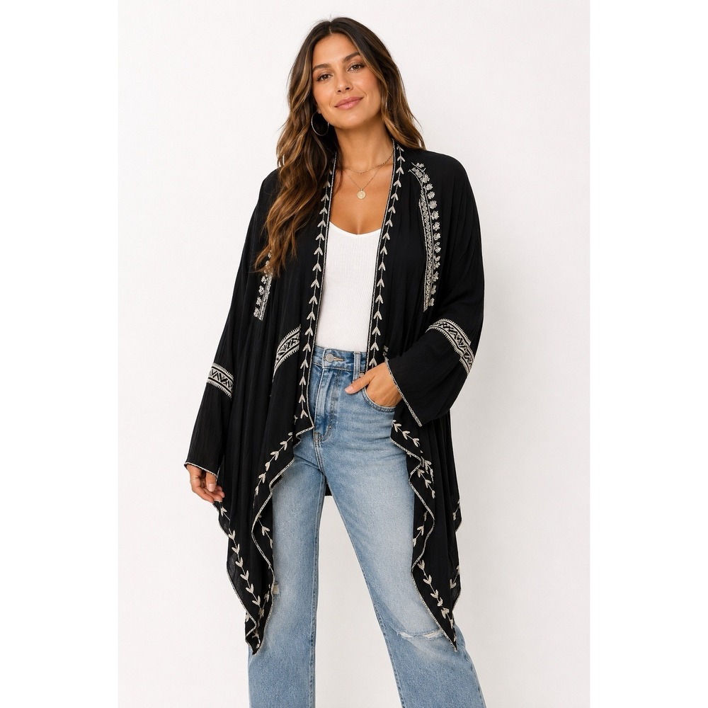 The Pyramid Collection Cardigan Kimono Jacket 1x Embroidered Pockets Bohemian - Picture 2 of 13
